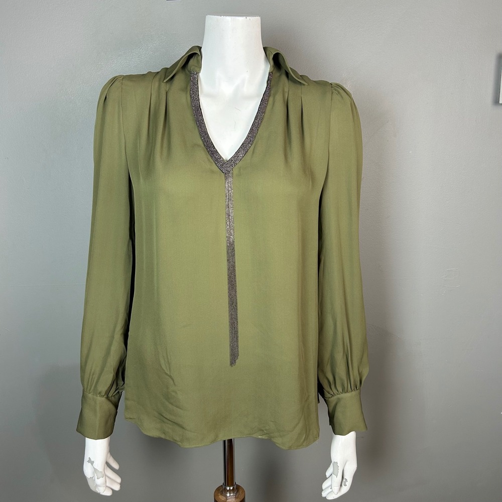 Elie Tahari Military Silk Blouse XS Lariat Chain V-Neck feminine Olive Green NWT